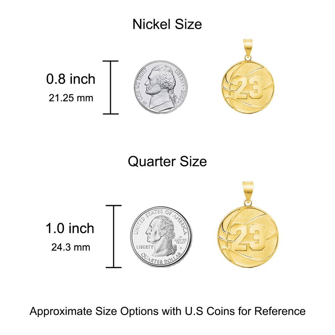 A image of a sample of the Personalized Basketball Charm Pendant next to a US Nickel and Quarter for size reference