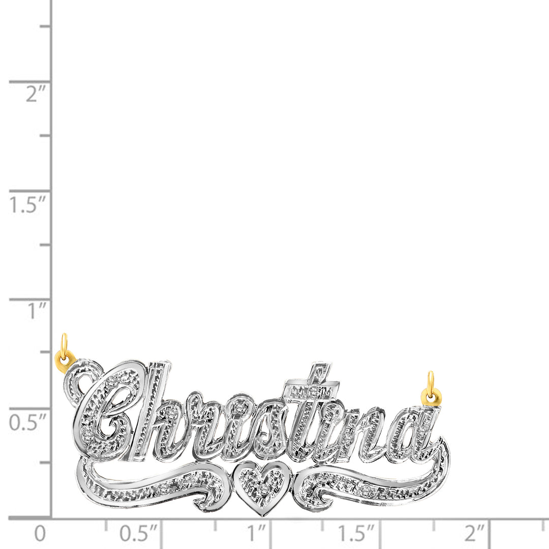 A Sample of the 14 Karat Diamond Cut 3D Name Necklace with One Heart with the name Christina on a size chart for reference.