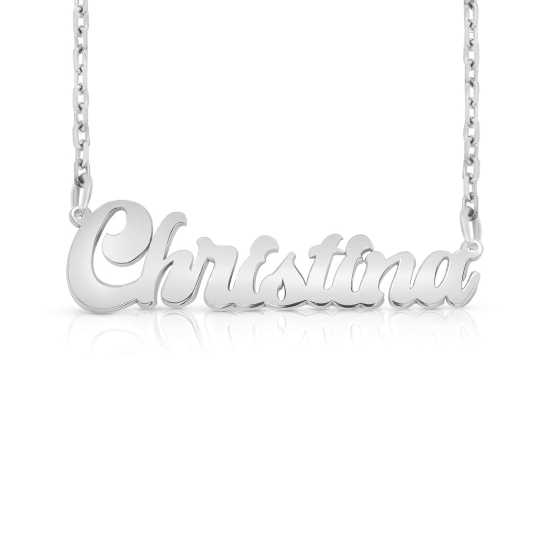 A sample of the nameplate with the name Christina in White Gold