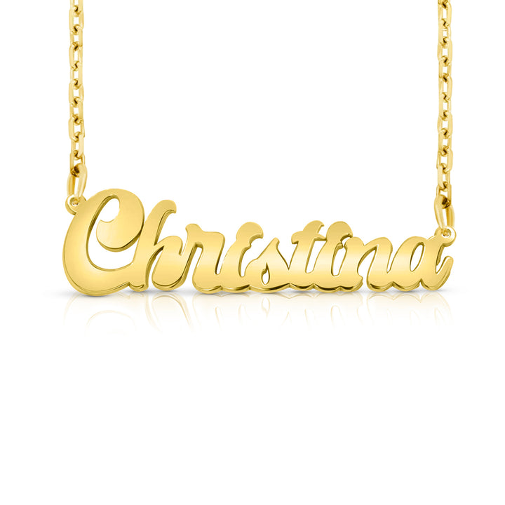 A sample of the nameplate with the name Christina in Yellow Gold