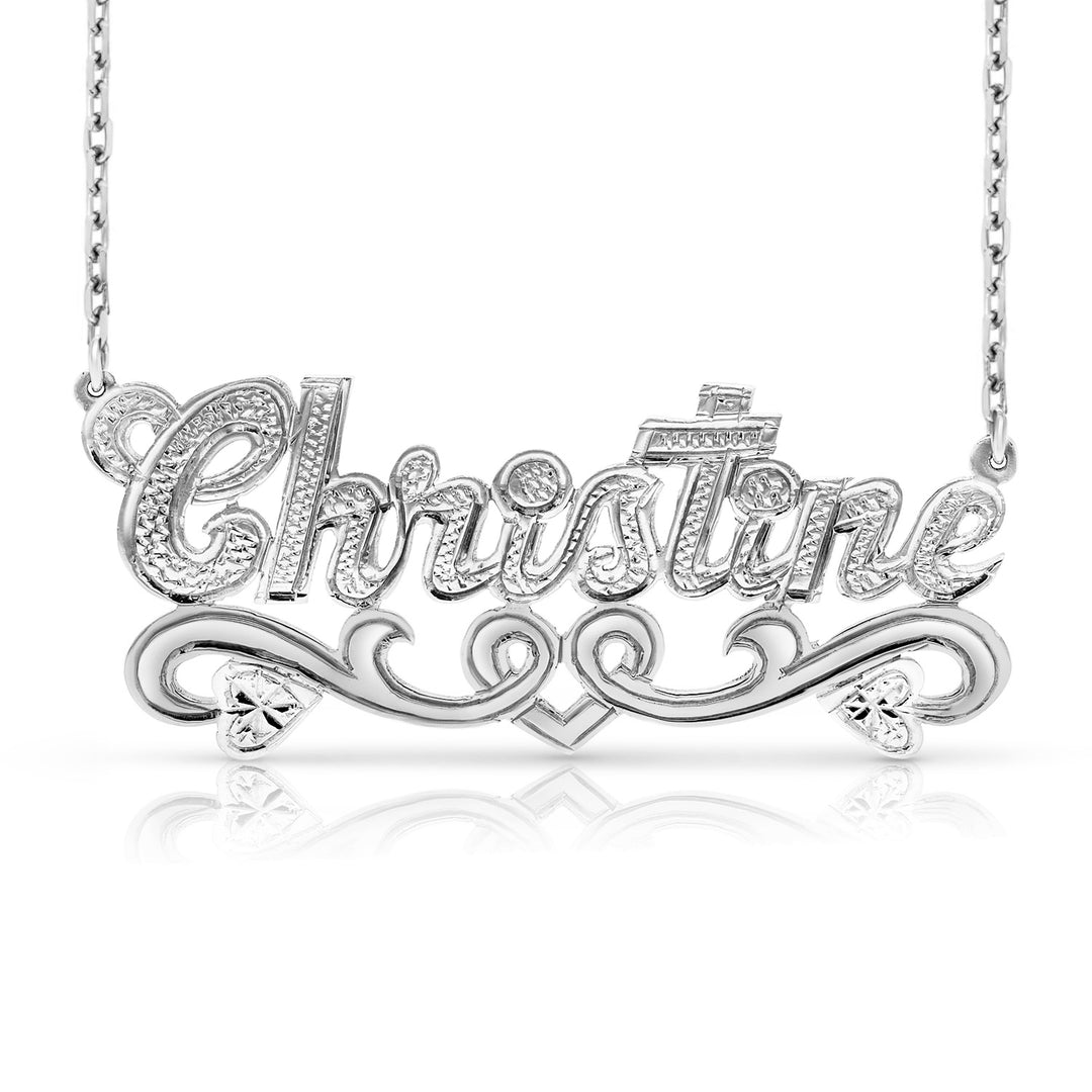 A Sample of the 14 Karat Solid Gold Name Necklace with Hearts with the name Christine in White