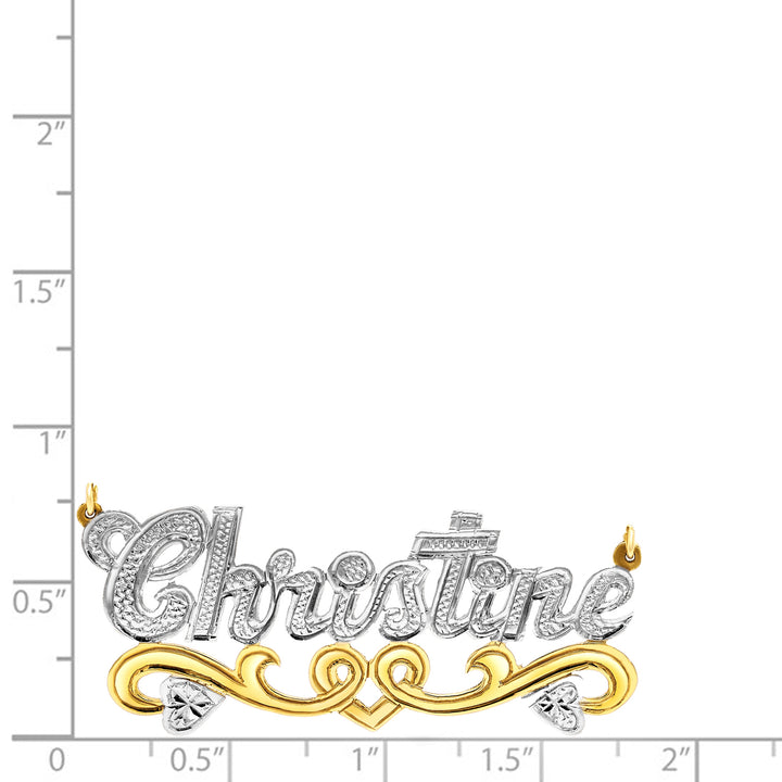 A Sample of the 14 Karat Solid Gold Name Necklace with Hearts with the name Christine on a size chart for reference