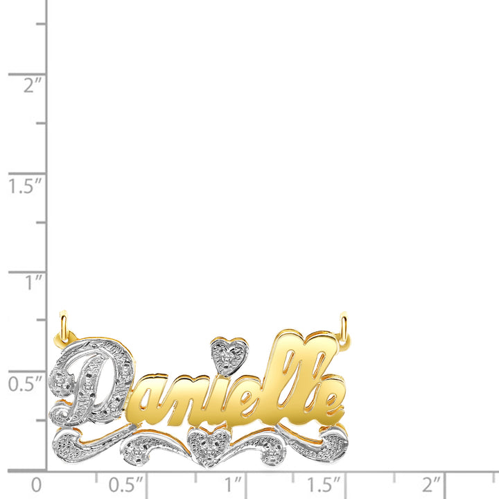 A Sample of the 14 Karat Polished and Diamond Cut 3D Name Necklace with the name Danielle on a size chart for reference