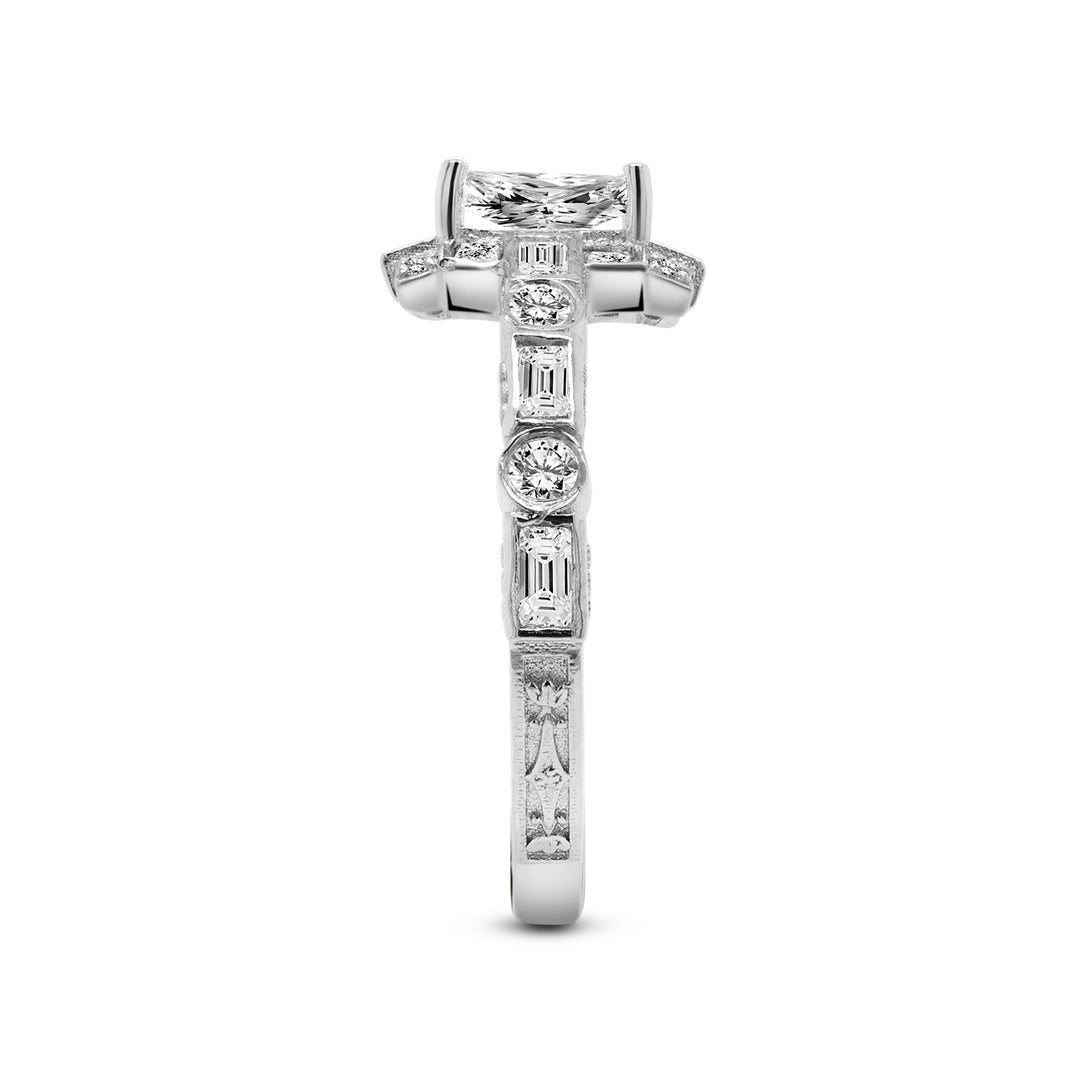 White gold diamond ring veritacally positioned on a white background