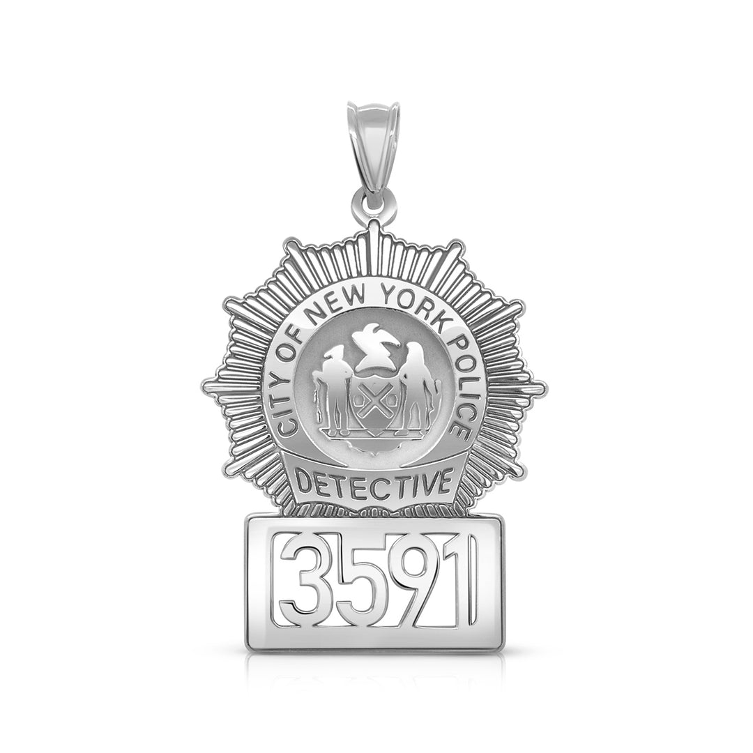 A image of the Personalized Detective Badge with City and Number Charm Pendant in Sterling Silver