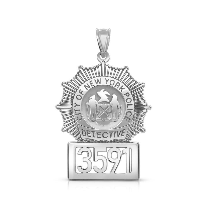 A image of the Personalized Detective Badge with City and Number Charm Pendant in Sterling Silver