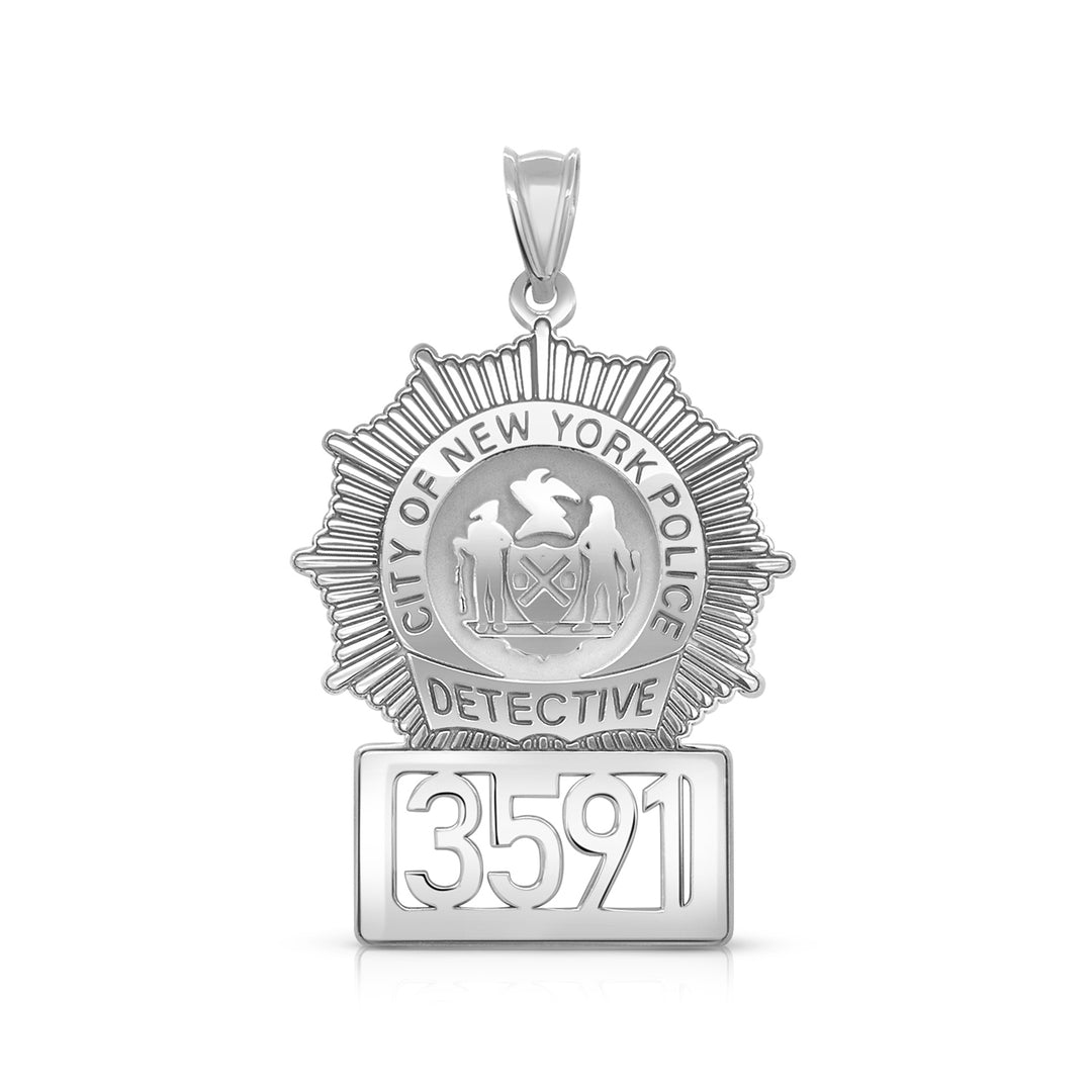 A image of the Personalized Detective Badge with City and Number Charm Pendant in White Gold