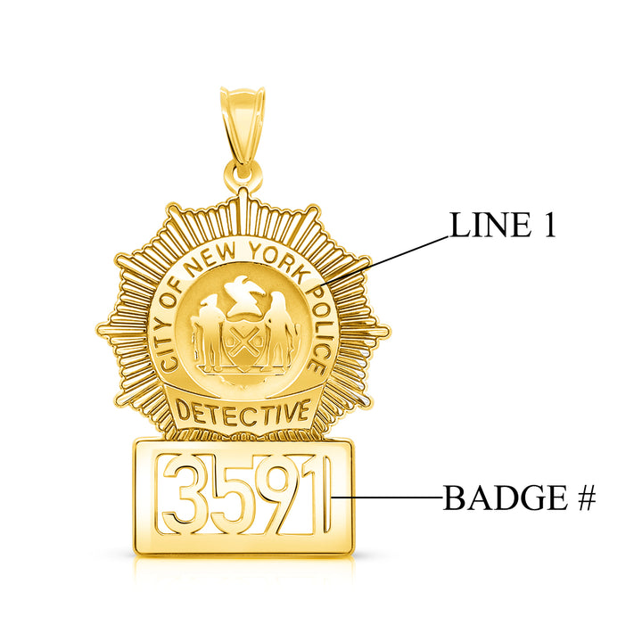 A image of the Personalized Detective Badge with City and Number Charm Pendant showing the layout of the customizable areas