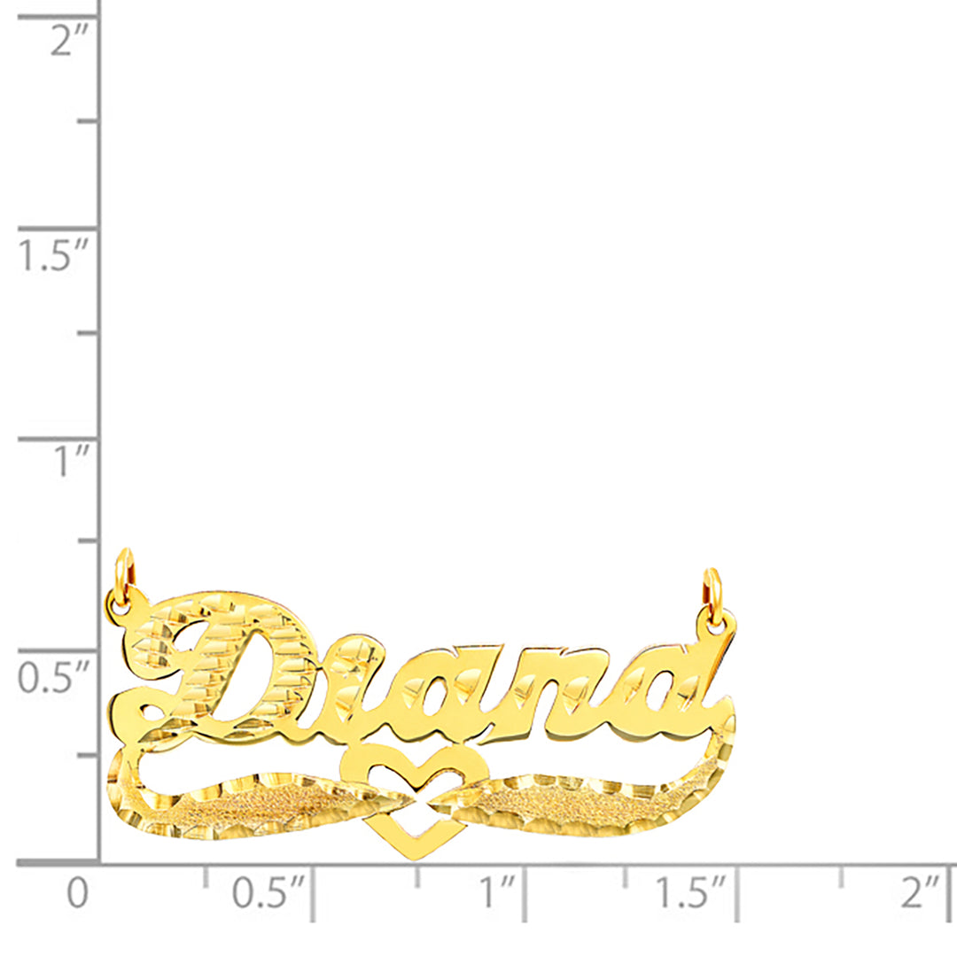 A Sample of the Diamond Cut Name Necklace with the name Diana on a size chart for reference