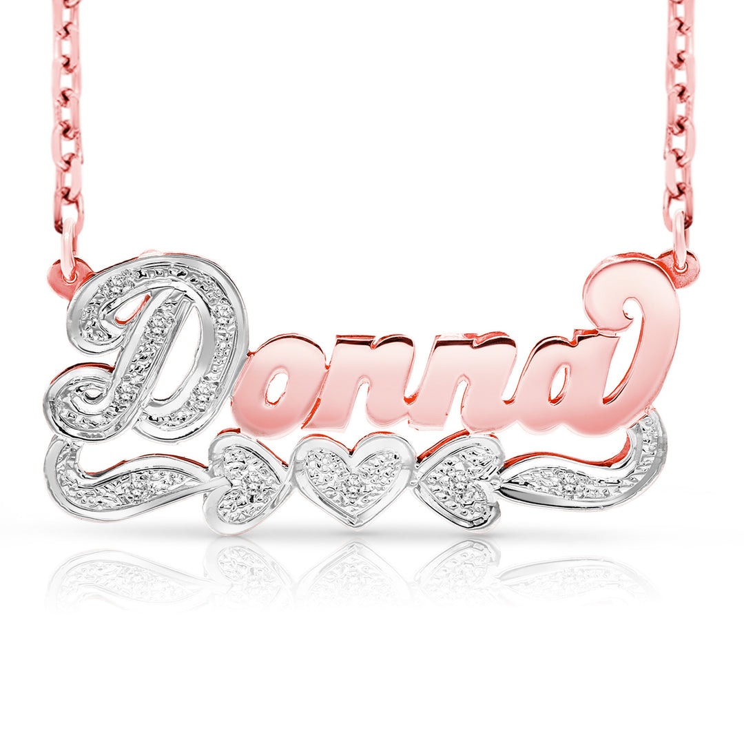 A Sample of the 14 Karat 3D Name Necklace with Three Hearts with the name Donna in Rose