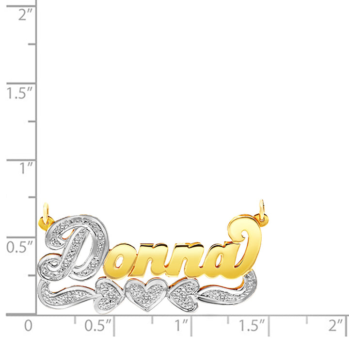 A Sample of the 14 Karat 3D Name Necklace with Three Hearts with the name Donna on a size chart for reference