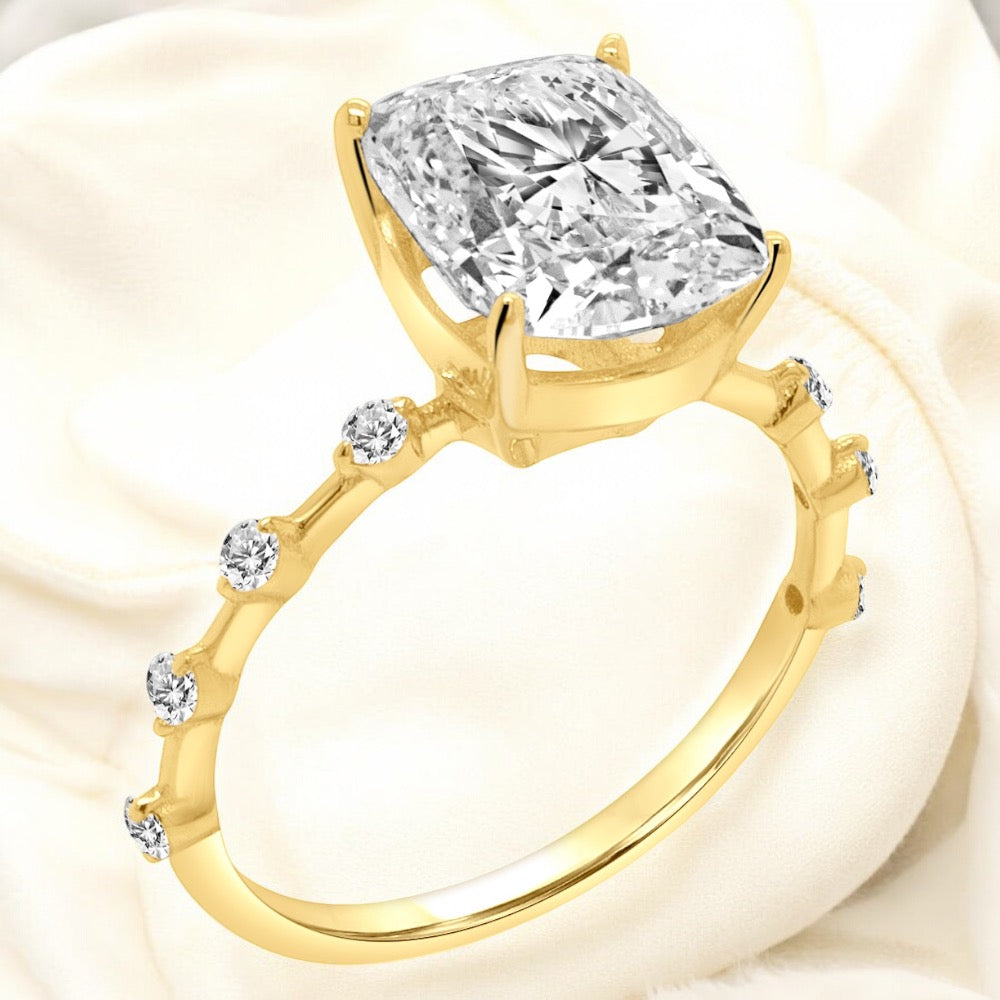 An image showing an angled view of the Elongated Cushion Lab Grown Diamond Engagement Ring