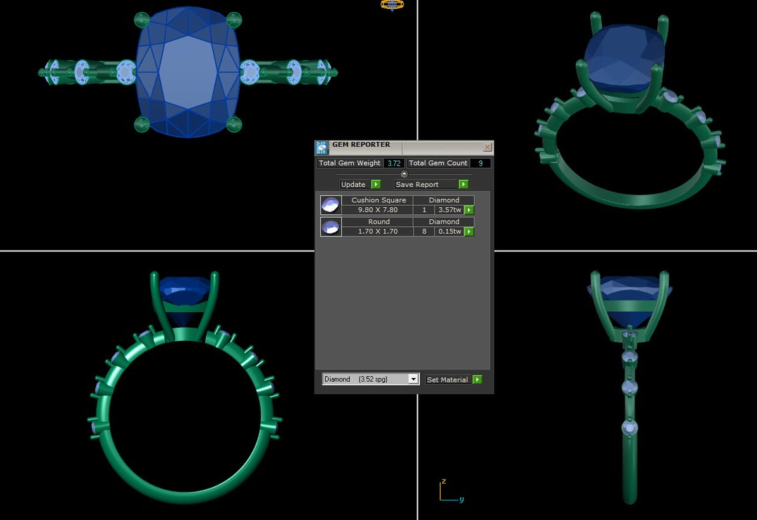 An image showing a computer rendering of the engagement ring with the elongated cushion lab grown diamond at the center accented by round stones on the shank.