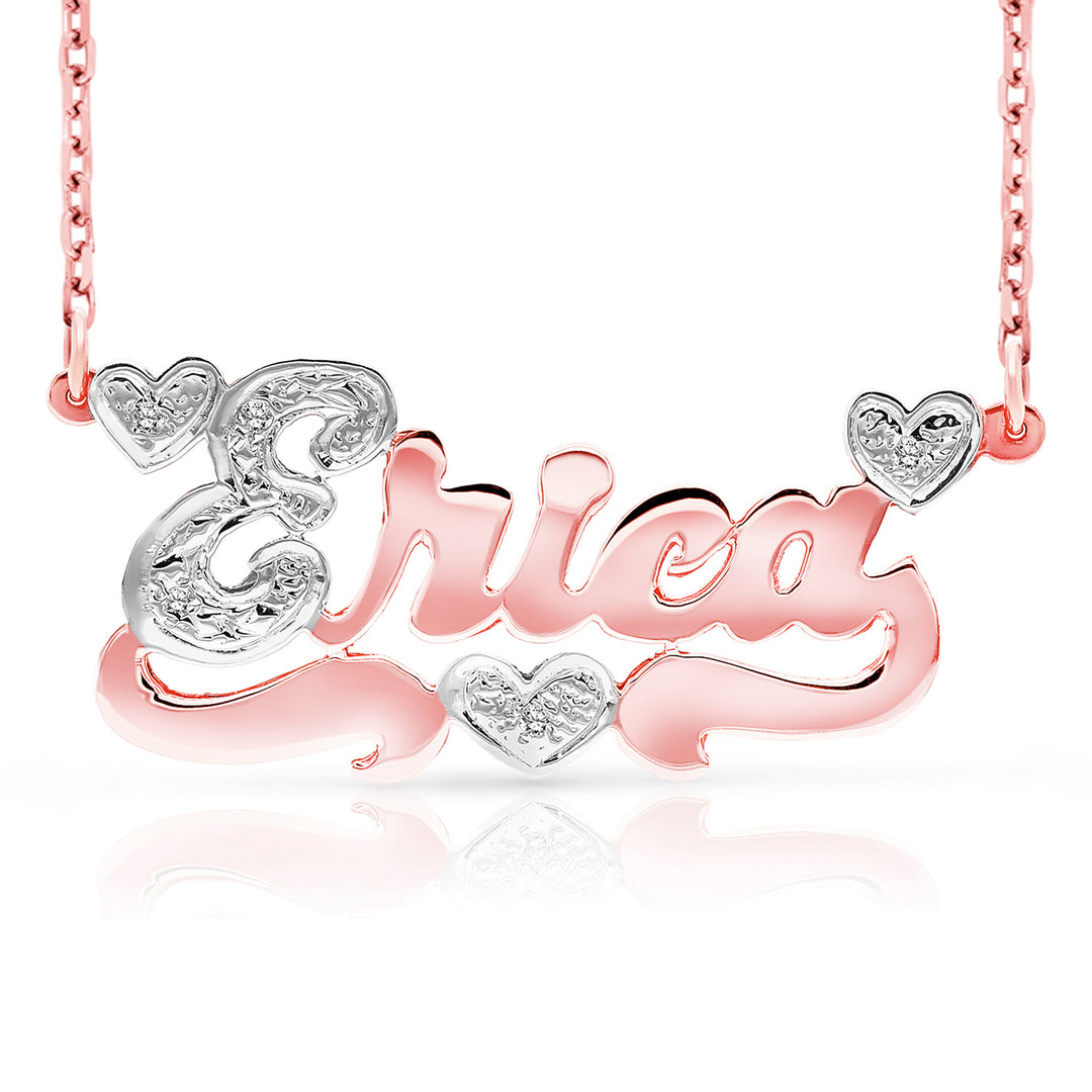 A Sample of the 14 Karat Polished and Diamond Cut 3D Name Necklace with Three Hearts with the name Erica in Rose