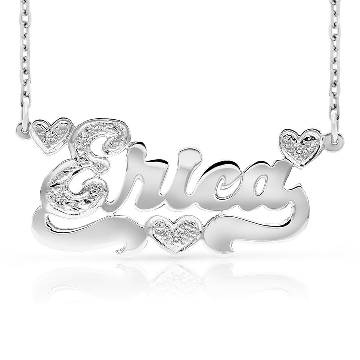 A Sample of the 14 Karat Polished and Diamond Cut 3D Name Necklace with Three Hearts with the name Erica in White