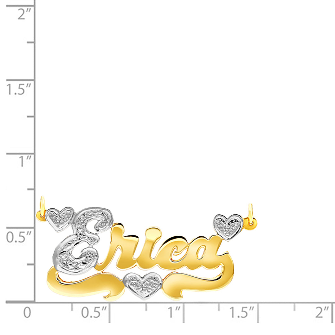 A Sample of the 14 Karat Polished and Diamond Cut 3D Name Necklace with Three Hearts with the name Erica on a size chart for reference