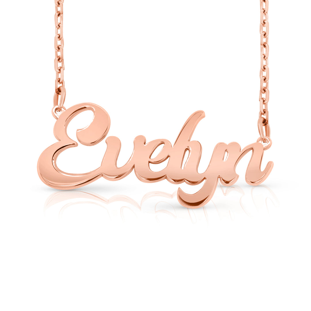 A sample of the nameplate with the name Evelyn in Rose Gold