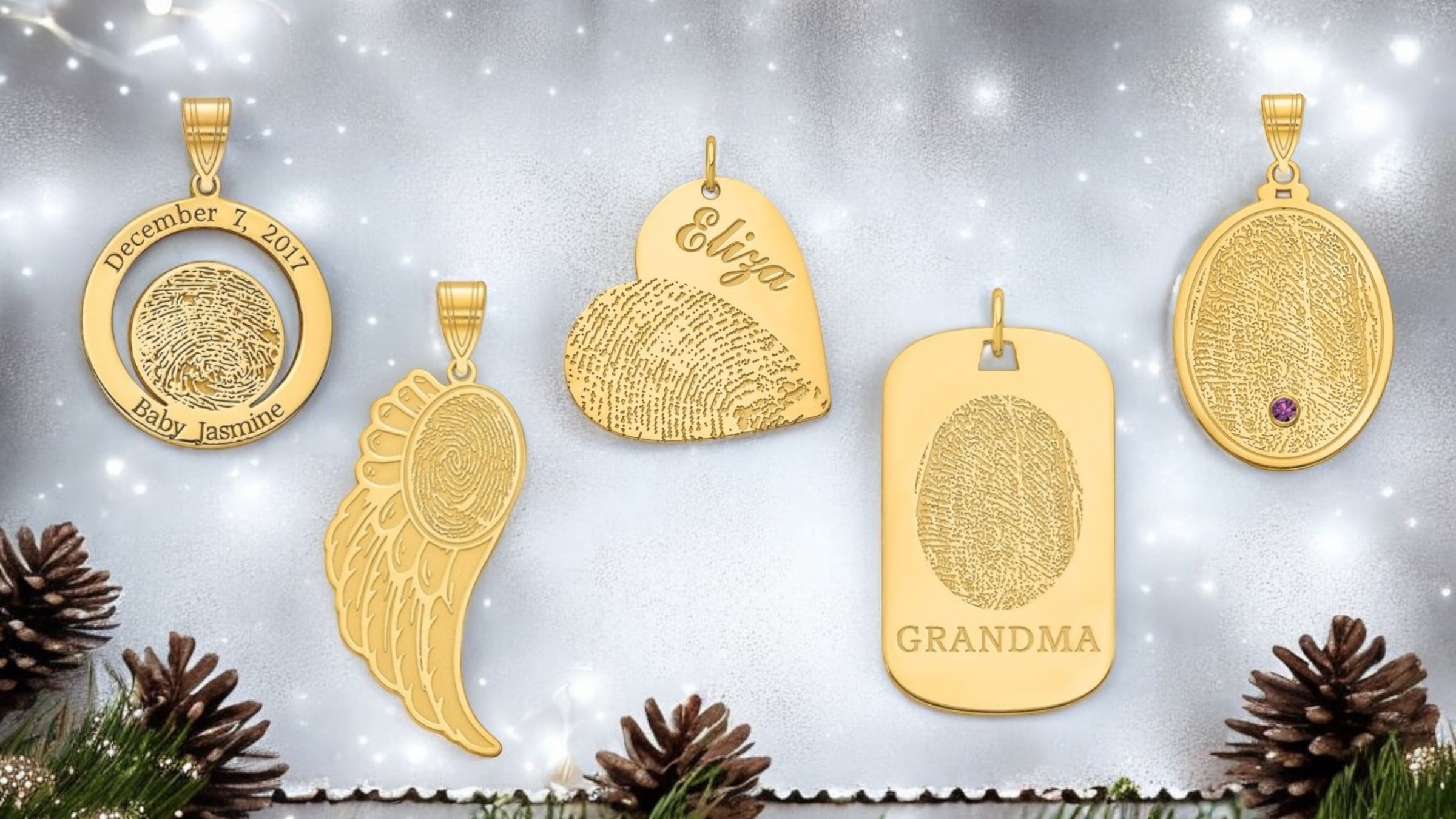 A banner highlighting some of the fingerprint jewelry samples that can be made on a holiday themed background