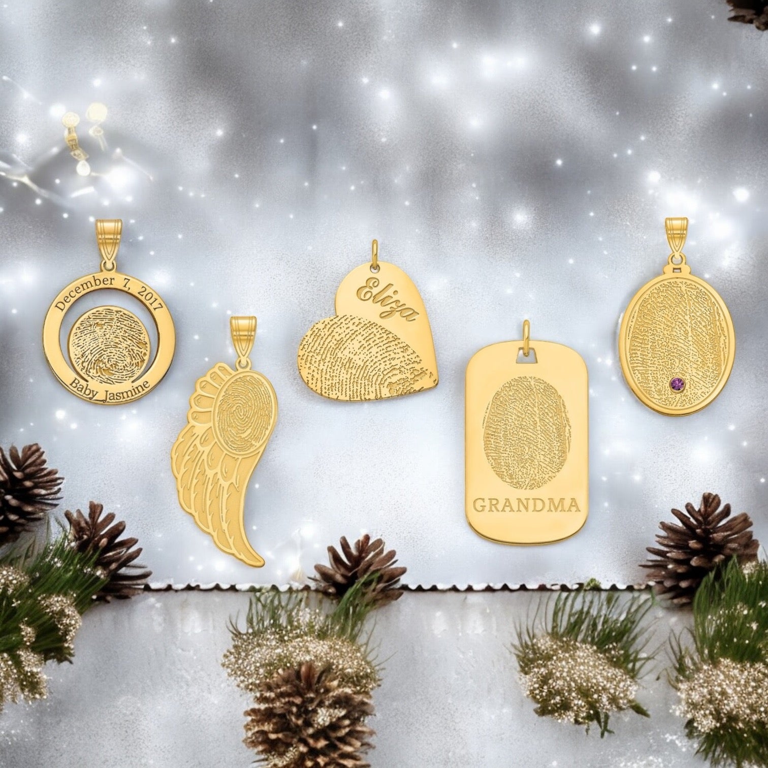 A banner highlighting some of the fingerprint jewelry samples that can be made on a holiday themed background