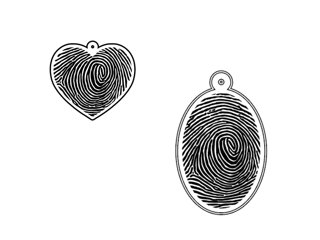 An image showing some designs of fingerprint charms in a heart and oval shape
