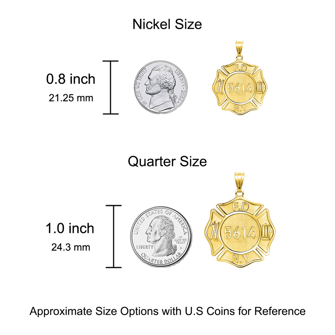 An image showing the size of the Firefighter Shield Charm Pendant next to a US Nickel and Quarter for size reference