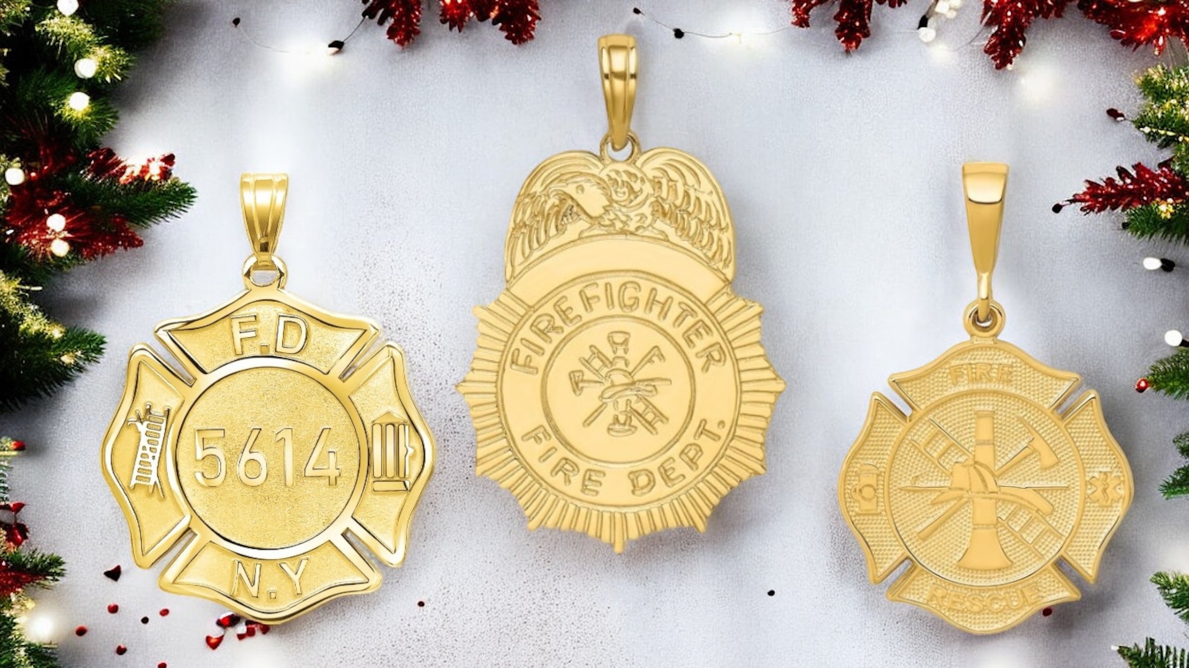 A banner showing some of the samples of Personalized First Responder Jewelry on a holiday themed background