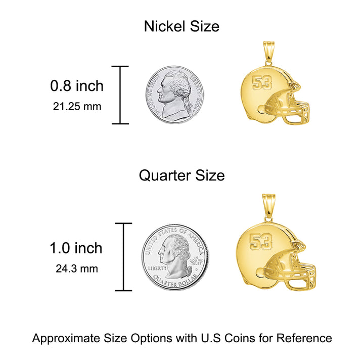 A sample of the Personalized Football Charm Pendant next to a US Nickel and Quarter for size reference