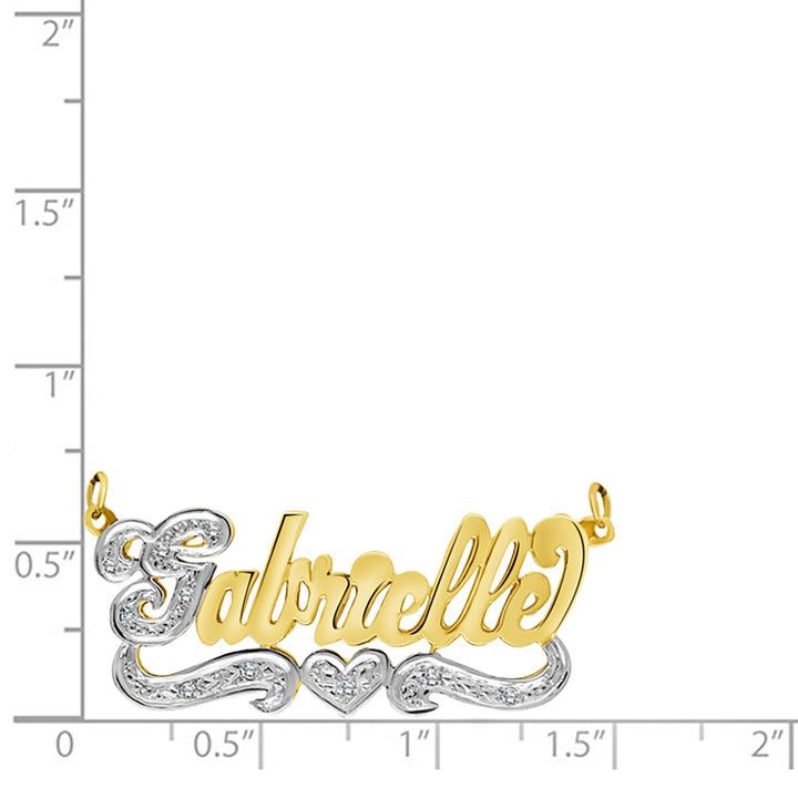 A Sample of the 14 Karat Script 3D Name Necklace with One Heart with the name Gabrielle on a size chart for reference