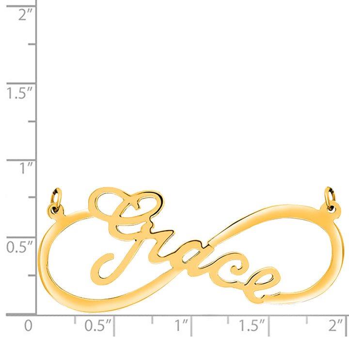 A Sample of the Infinity Style Name Necklace with the name Grace on a size chart for reference