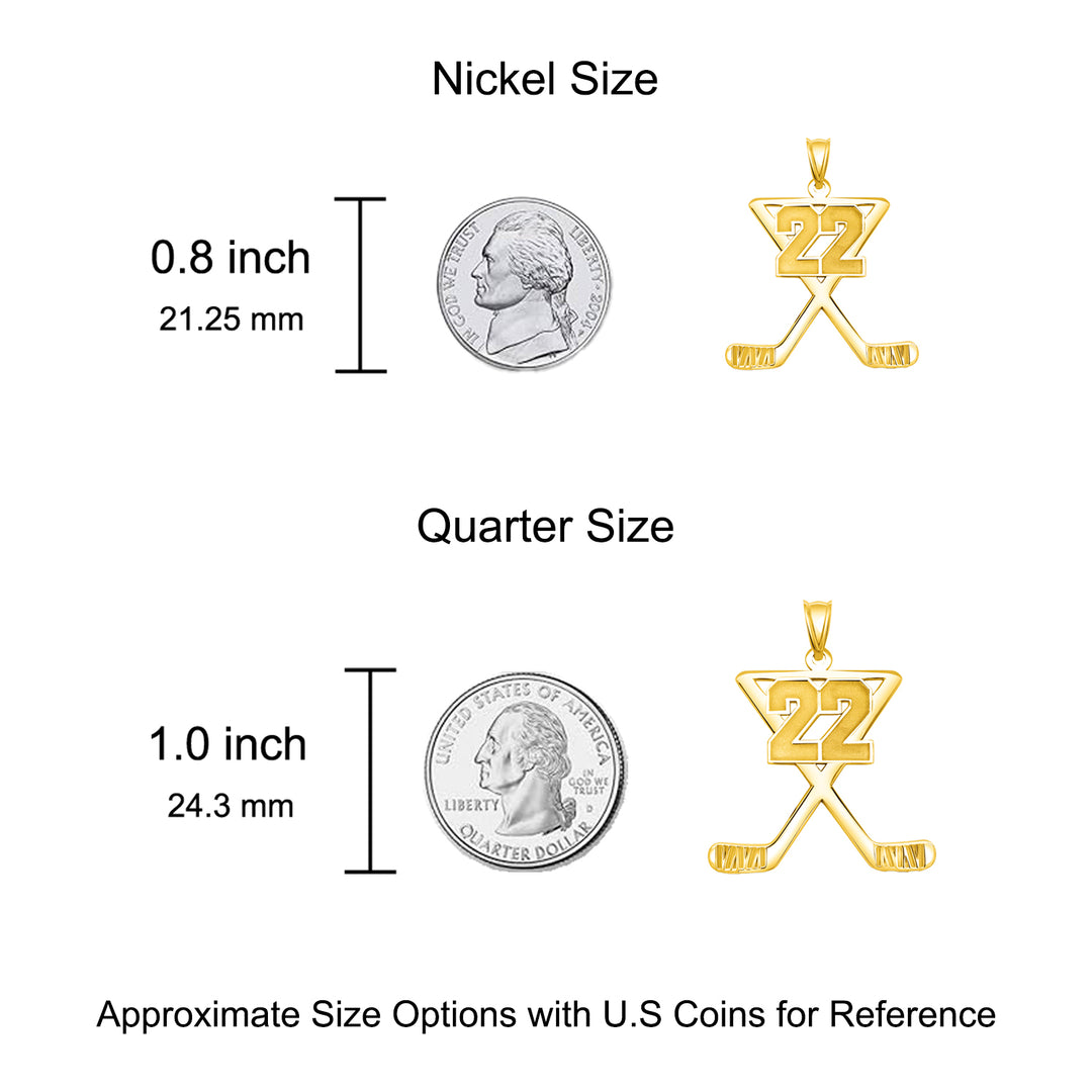 An image showing the Personalized Hockey Charm Pendant next to a US Nickel and Quarter for size reference