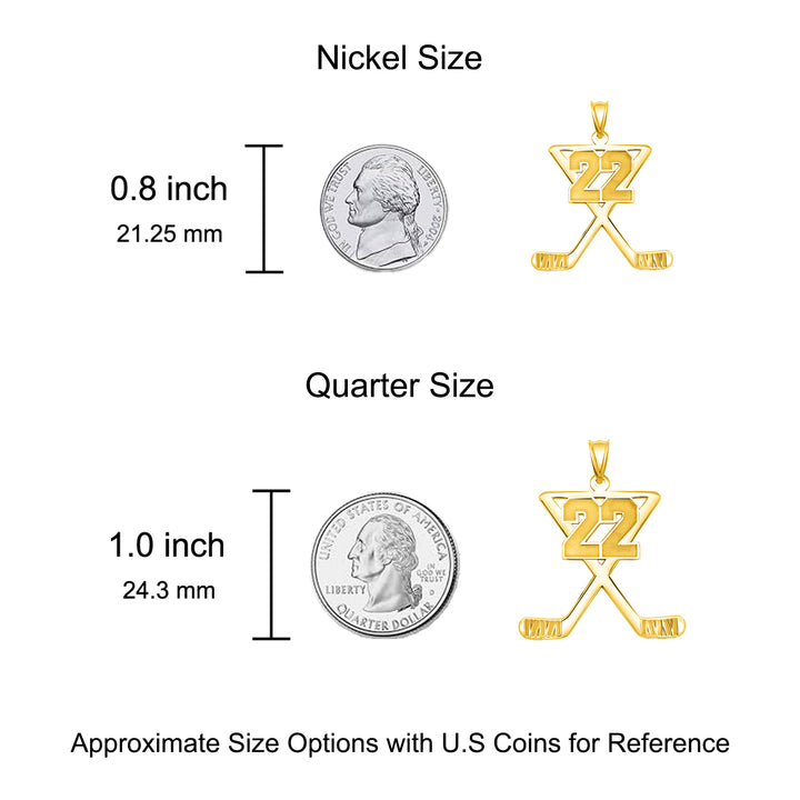 An image showing the Personalized Hockey Charm Pendant next to a US Nickel and Quarter for size reference