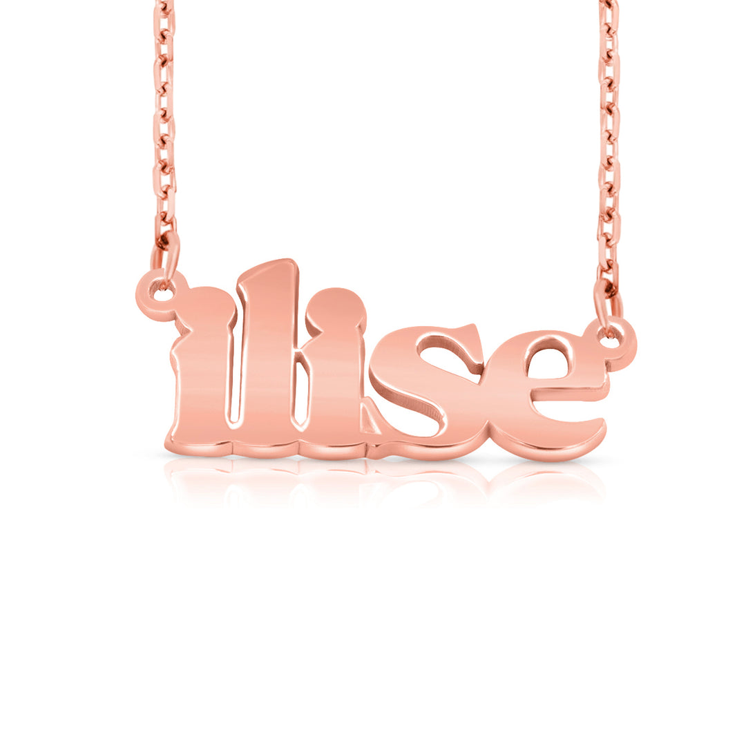 A sample of the nameplate with the name Ilise in Rose Gold