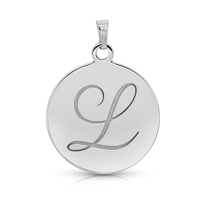 A polished silver round pendant charm featuring a cursive capital letter 'L' engraved in the center, shown on a clean white background.