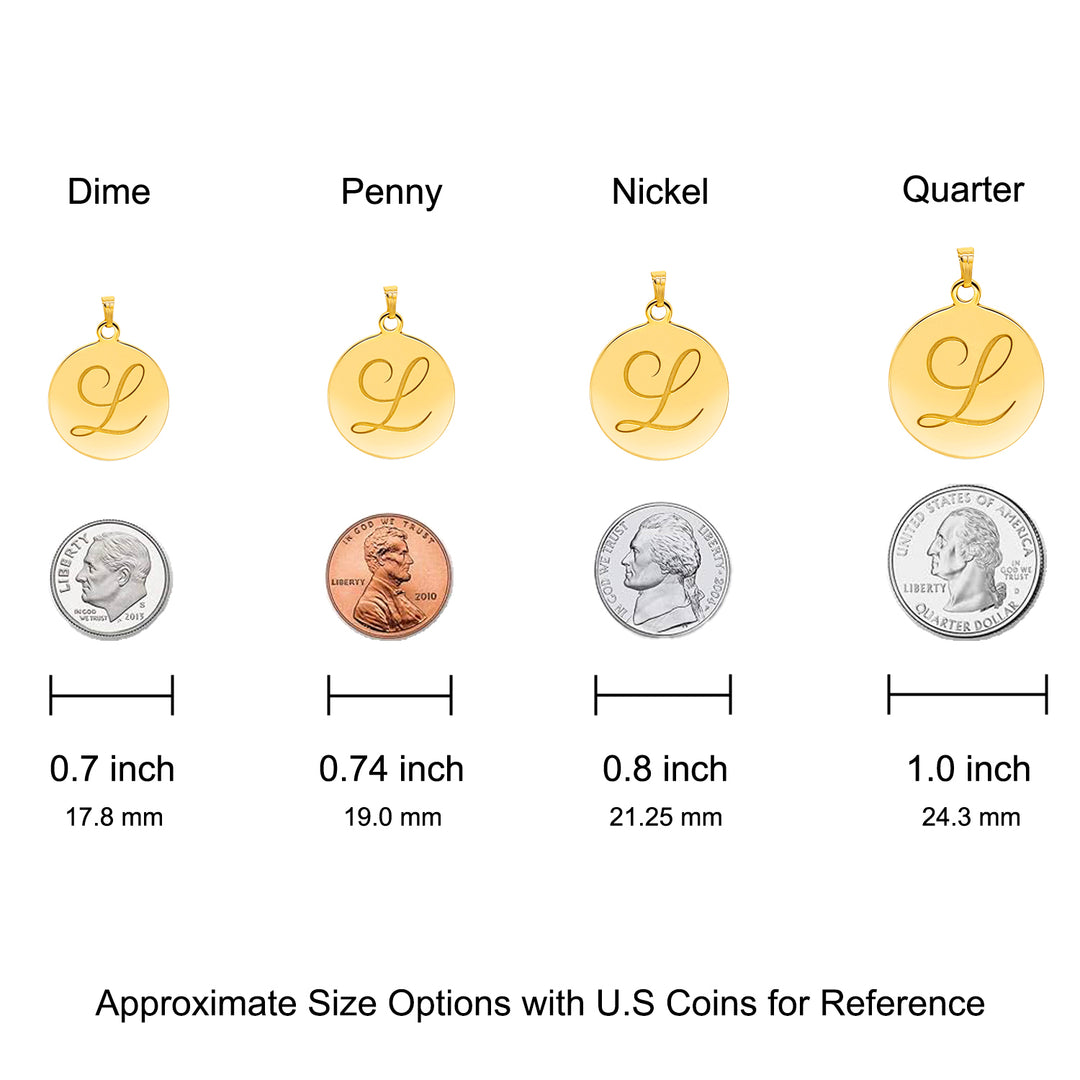 Size comparison chart for a round initial disc pendant, relative to U.S. Coins