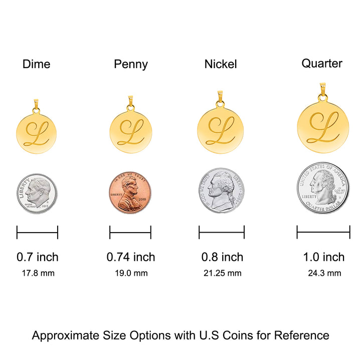 Size comparison chart for a round initial disc pendant, relative to U.S. Coins