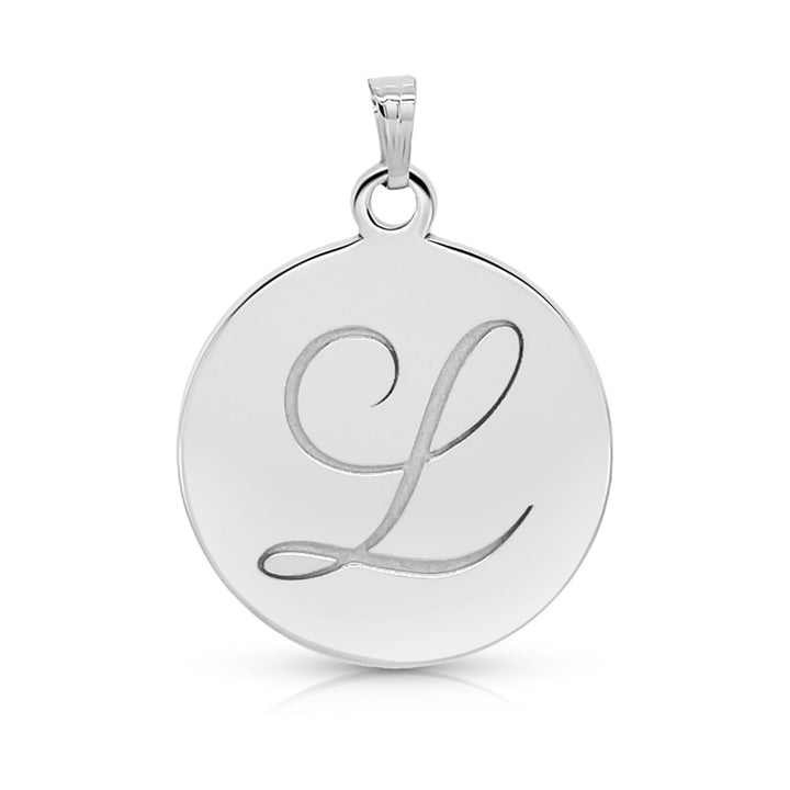 A polished silver round pendant charm featuring a cursive script letter 'L' engraved in the center, shown on a clean white background.