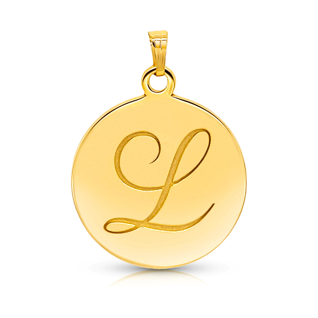 A round gold pendant with a bail at the top, featuring a large cursive letter 'L' engraved in the center, shown on a clean white background.