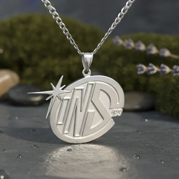 An image showing the final presentation of the Custom Sterling Silver Logo Pendant