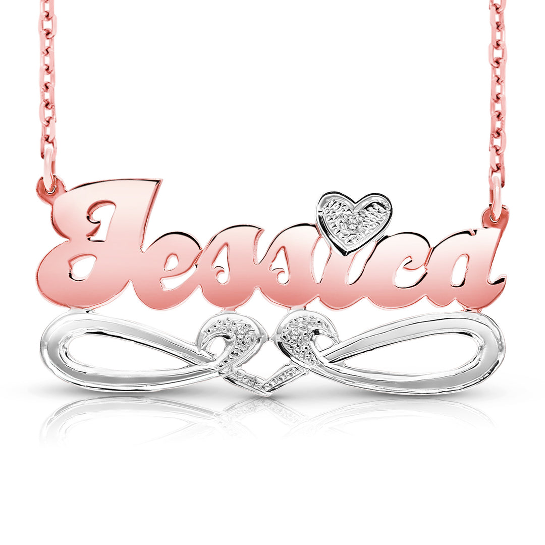 A Sample of the 14 Karat Bold Script Name Necklace with Tail with the name Jessica in Rose