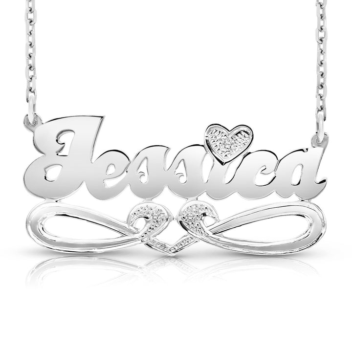 A Sample of the 14 Karat Bold Script Name Necklace with Tail with the name Jessica in White