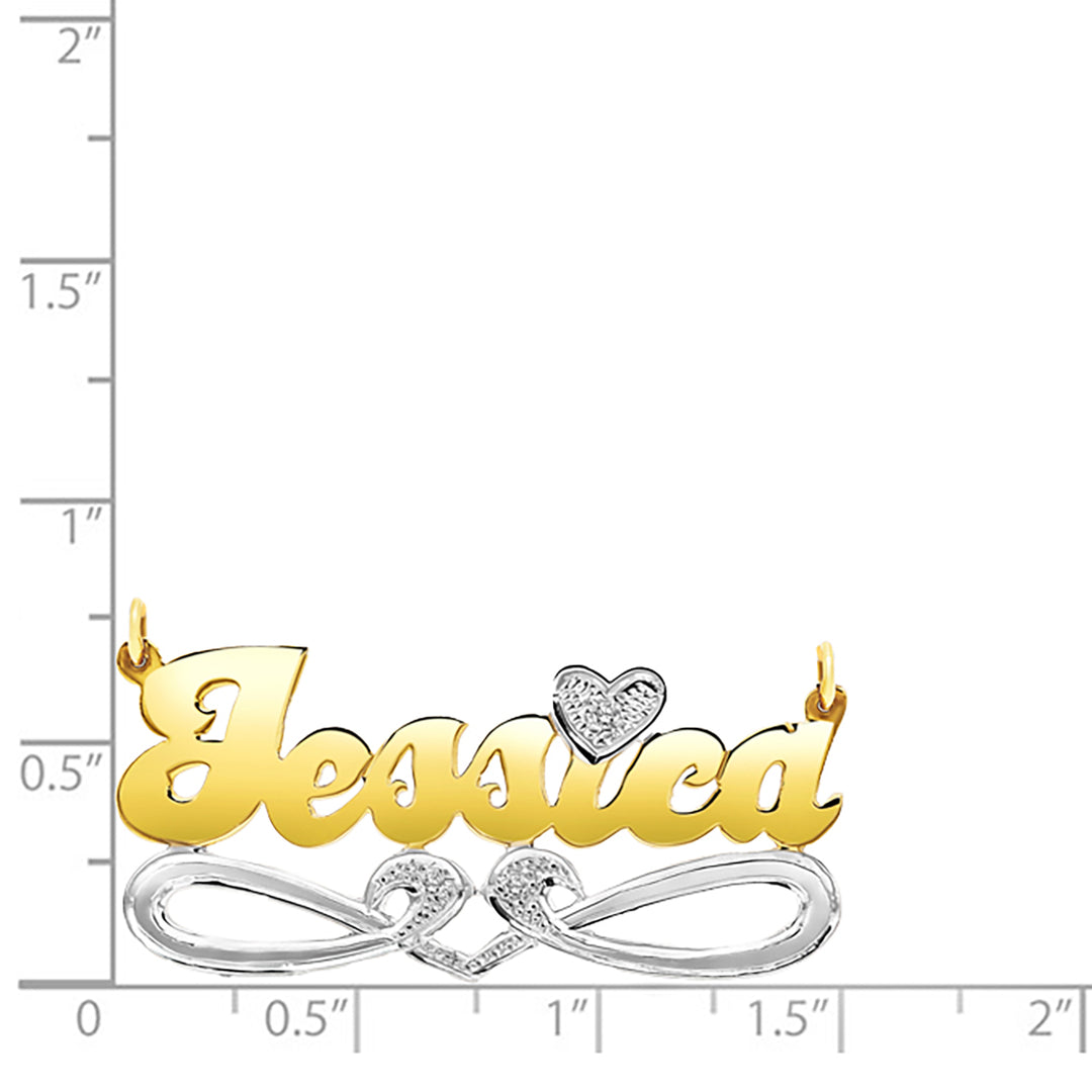 A Sample of the 14 Karat Bold Script Name Necklace with Tail with the name Jessica on a size chart for reference