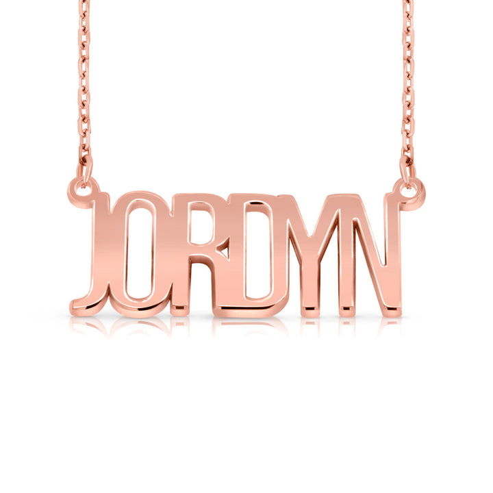 A sample of the nameplate with the name Jordyn in Rose Gold