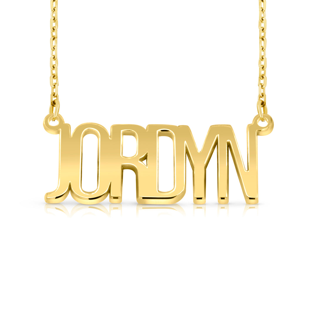 A sample of the nameplate with the name Jordyn in Yellow Gold