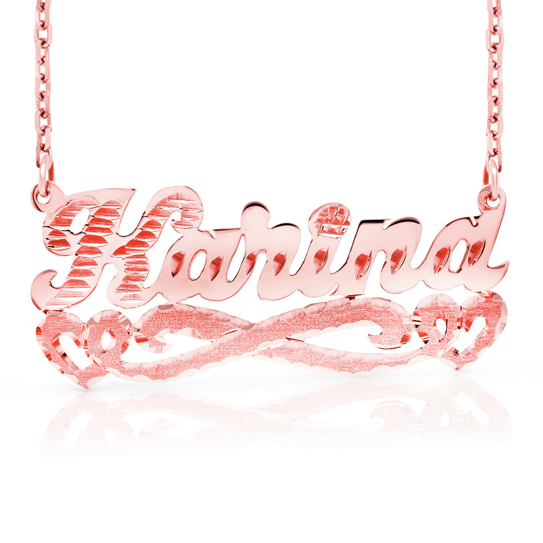 A Sample of the Diamond Cut & Florentine Name Necklace with Hearts with the name Karina in Rose