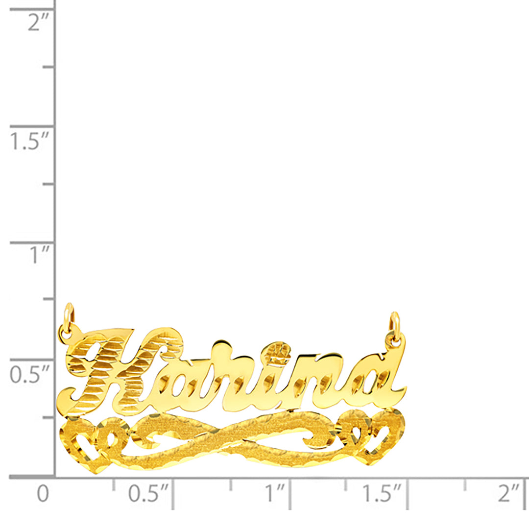 A Sample of the Diamond Cut & Florentine Name Necklace with Hearts with the name Karina on a size chart for reference