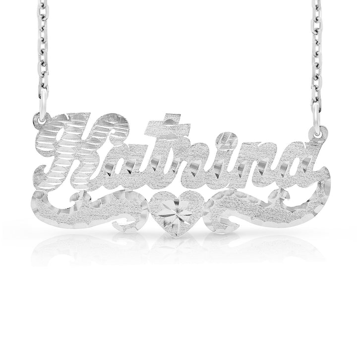 A Sample of the 14 Karat Diamond Cut Name Necklace with One Heart with the name Katrina in White