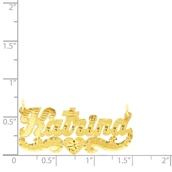 A Sample of the 14 Karat Diamond Cut Name Necklace with One Heart with the name Katrina on a size chart for reference