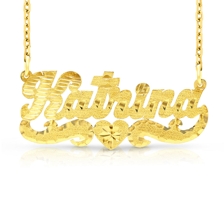 A Sample of the 14 Karat Diamond Cut Name Necklace with One Heart with the name Katrina in Yellow