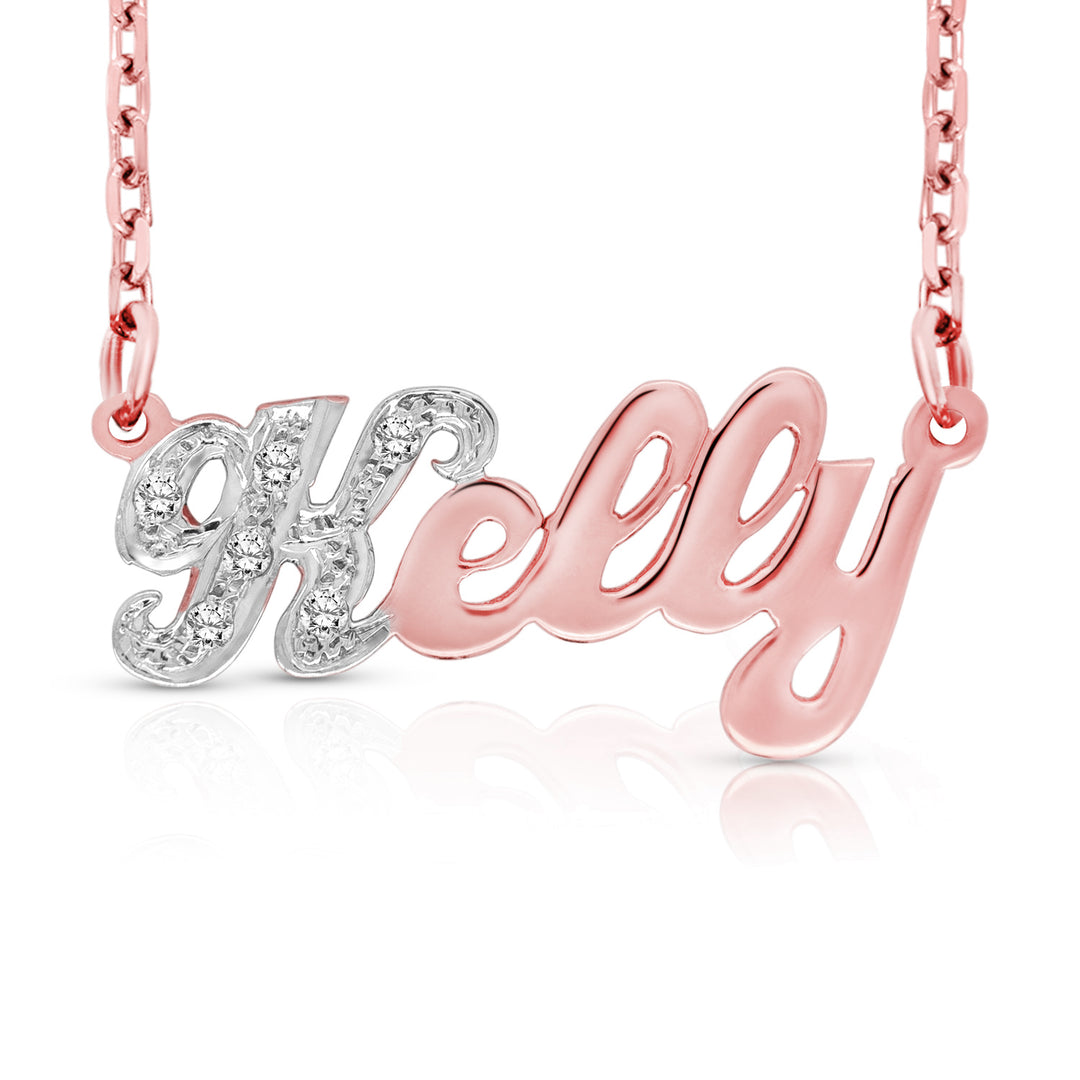 A Sample of the 14 Karat Small Name Necklace with the name Kelly in Rose