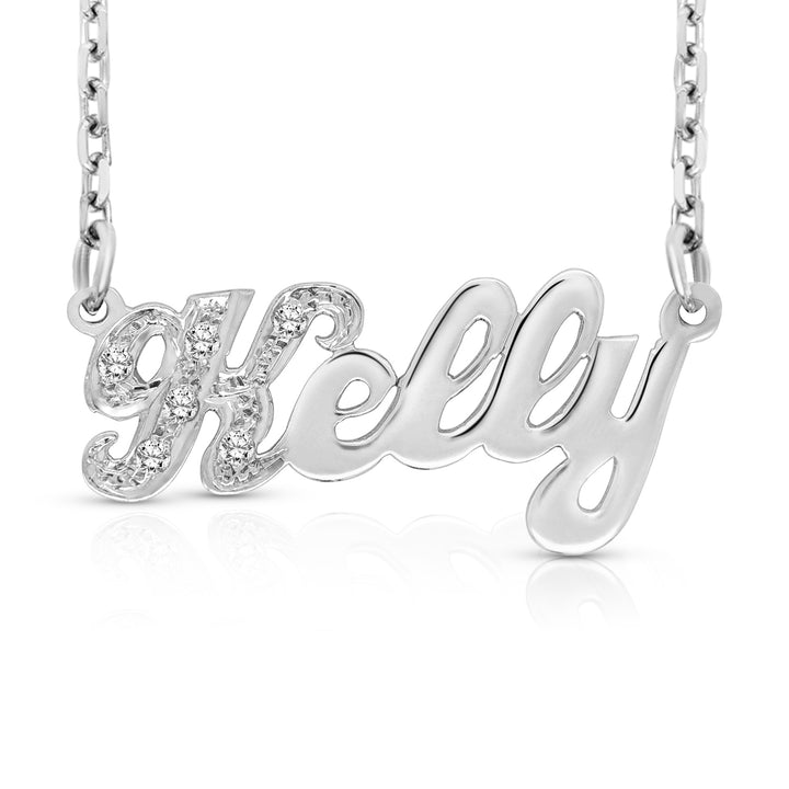 A Sample of the Sterling Silver Small Name Necklace with the name Kelly in White